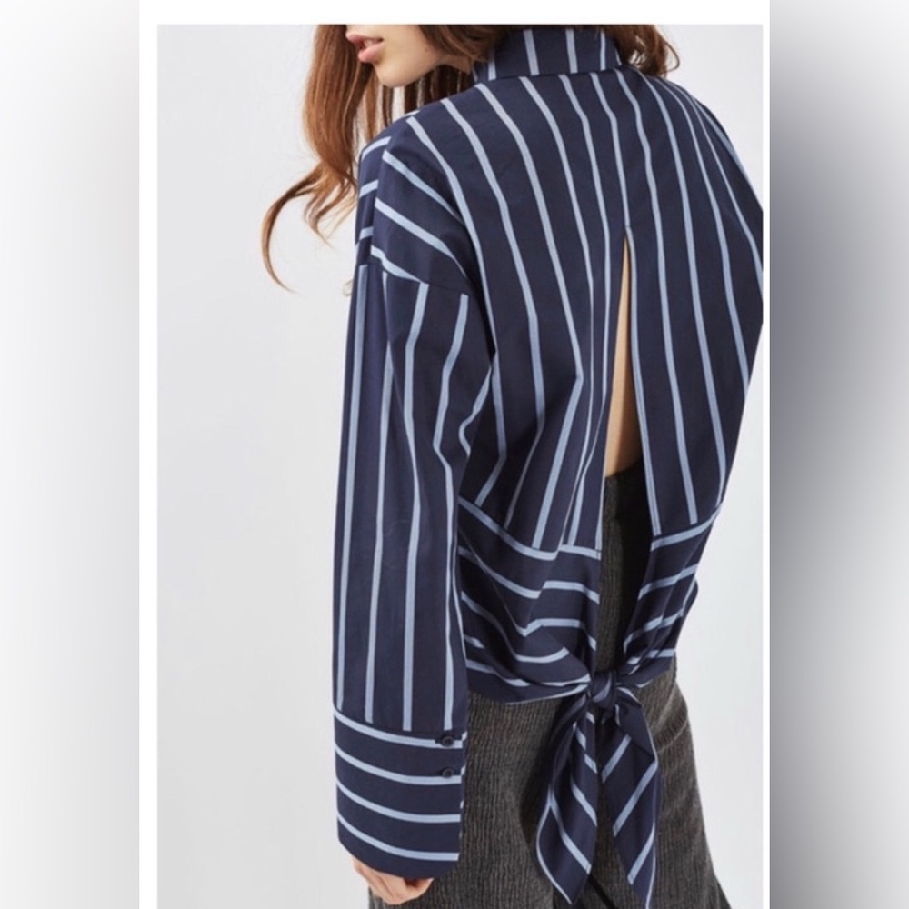 Topshop Navy Stripe Button Down with Open Tie Back | Size US 2 | NWT - Picture 4 of 5